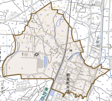 都賀町升塚とその周辺の地図。町の範囲を重ねている