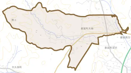 都賀町大柿とその周辺の地図。町の範囲を重ねている