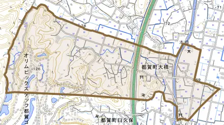都賀町大橋とその周辺の地図。町の範囲を重ねている