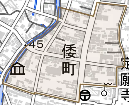 倭町とその周辺の地図。町の範囲を重ねている