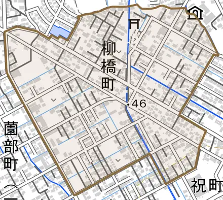 柳橋町とその周辺の地図。町の範囲を重ねている