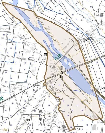 柳原町とその周辺の地図。町の範囲を重ねている