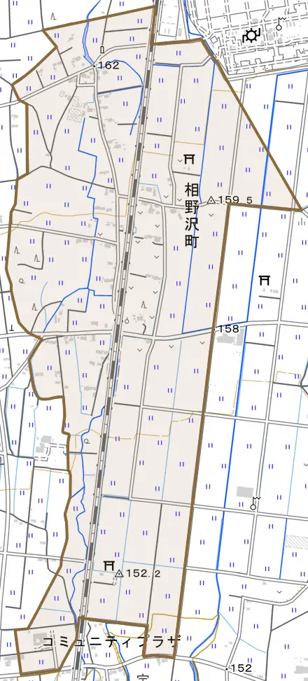 相野沢町とその周辺の地図。町の範囲を重ねている