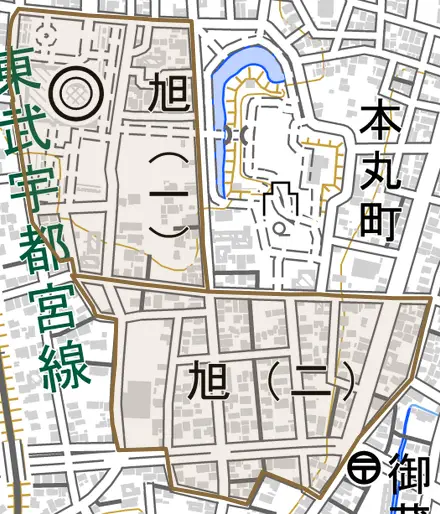 旭とその周辺の地図。町の範囲を重ねている