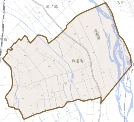 芦沼町とその周辺の地図。町の範囲を重ねている