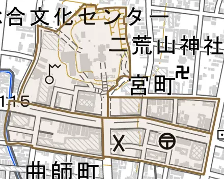 馬場通りとその周辺の地図。町の範囲を重ねている