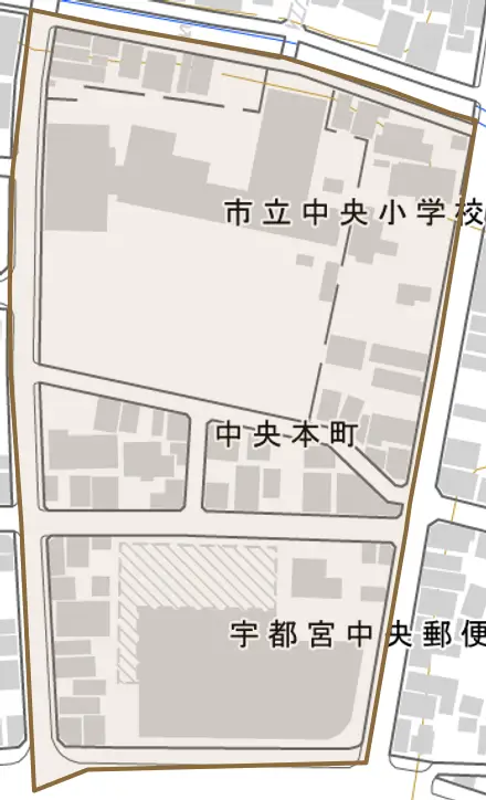 中央本町とその周辺の地図。町の範囲を重ねている