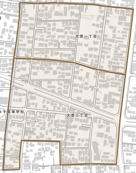 大寛とその周辺の地図。町の範囲を重ねている