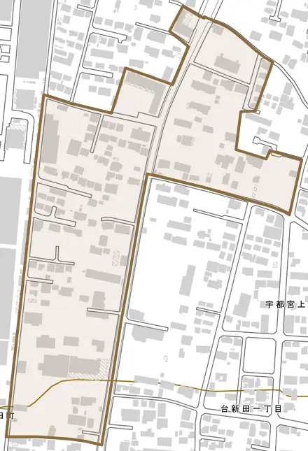 台新田町とその周辺の地図。町の範囲を重ねている