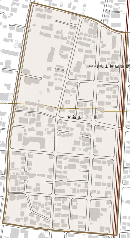 台新田とその周辺の地図。町の範囲を重ねている