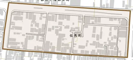伝馬町とその周辺の地図。町の範囲を重ねている
