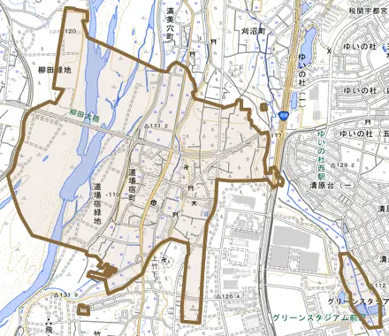 道場宿町とその周辺の地図。町の範囲を重ねている