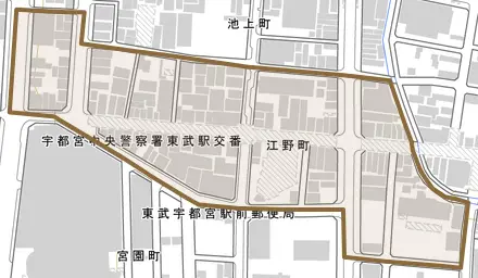 江野町とその周辺の地図。町の範囲を重ねている