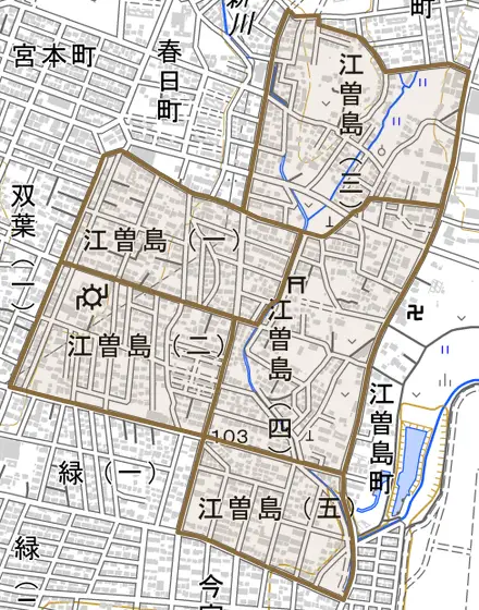 江曽島とその周辺の地図。町の範囲を重ねている