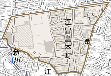 江曽島本町とその周辺の地図。町の範囲を重ねている