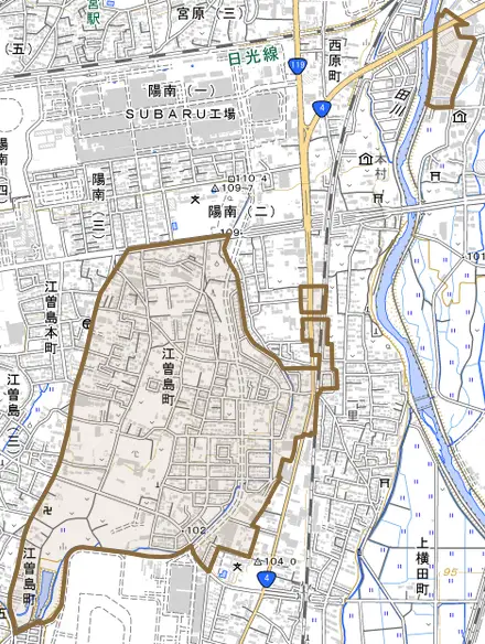 江曽島町とその周辺の地図。町の範囲を重ねている