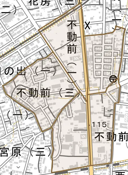 不動前とその周辺の地図。町の範囲を重ねている