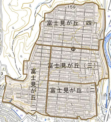 富士見が丘とその周辺の地図。町の範囲を重ねている