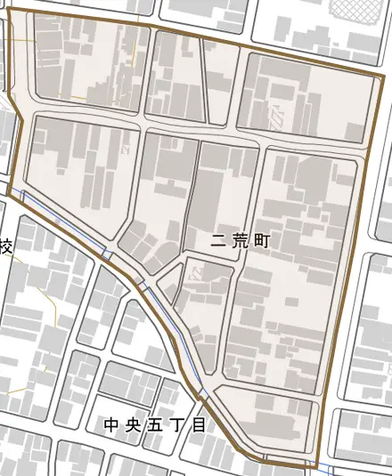 二荒町とその周辺の地図。町の範囲を重ねている
