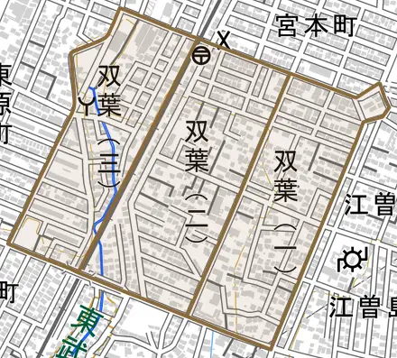 双葉とその周辺の地図。町の範囲を重ねている