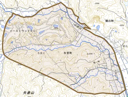 冬室町とその周辺の地図。町の範囲を重ねている