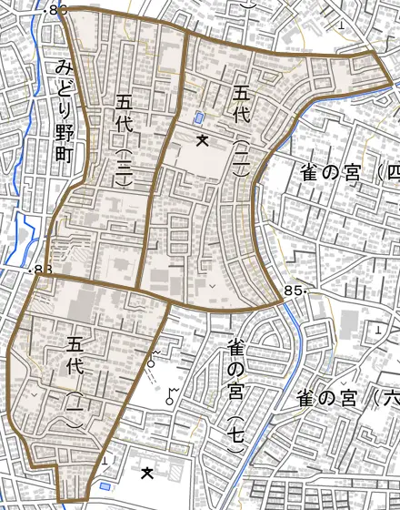 五代とその周辺の地図。町の範囲を重ねている