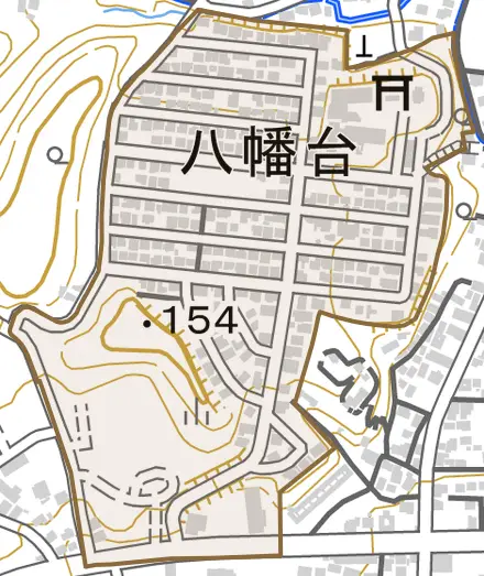 八幡台とその周辺の地図。町の範囲を重ねている