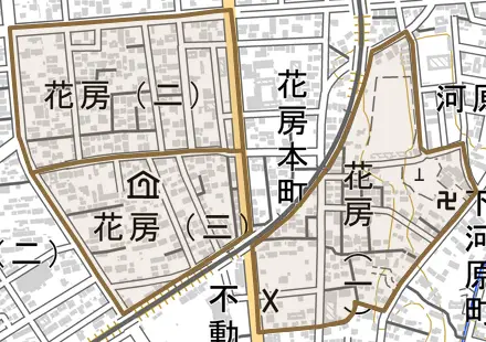 花房とその周辺の地図。町の範囲を重ねている