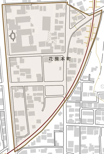 花房本町とその周辺の地図。町の範囲を重ねている