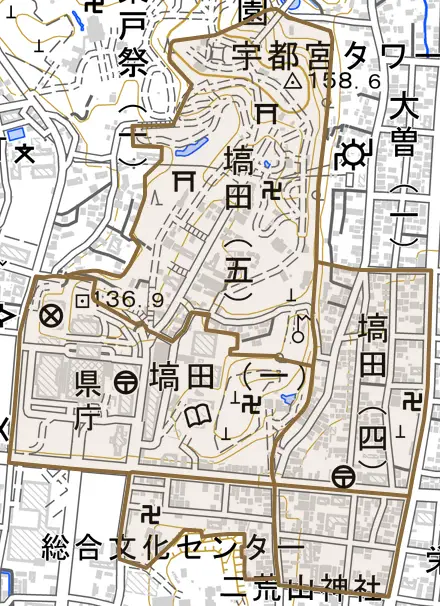 塙田とその周辺の地図。町の範囲を重ねている