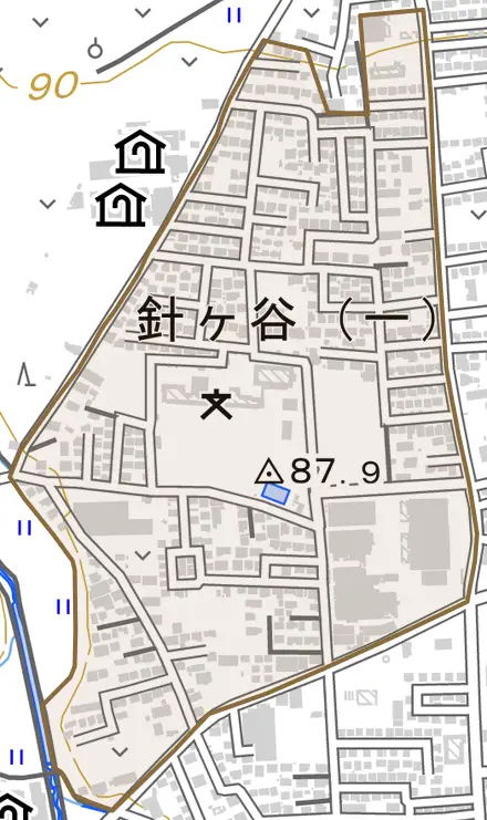 針ケ谷とその周辺の地図。町の範囲を重ねている