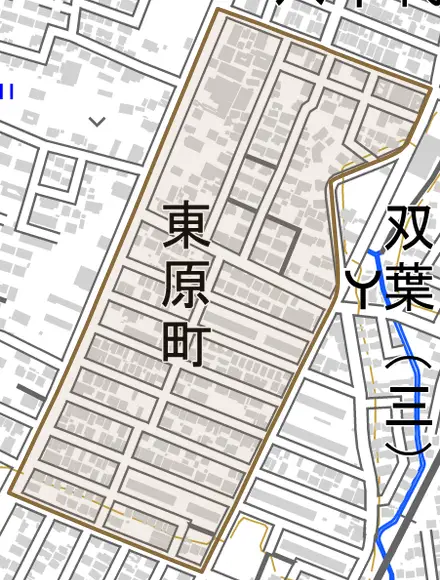 東原町とその周辺の地図。町の範囲を重ねている