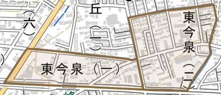 東今泉とその周辺の地図。町の範囲を重ねている