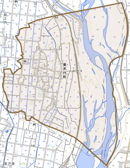 東木代町とその周辺の地図。町の範囲を重ねている