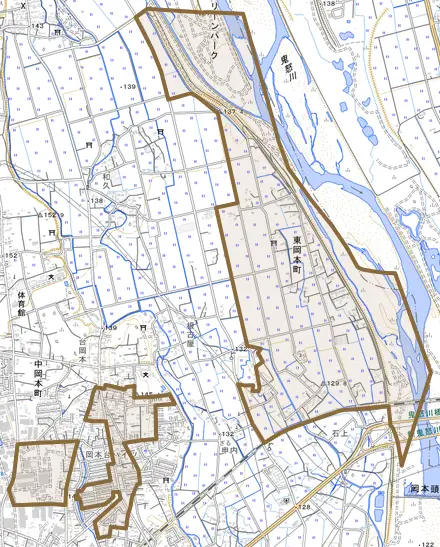 東岡本町とその周辺の地図。町の範囲を重ねている