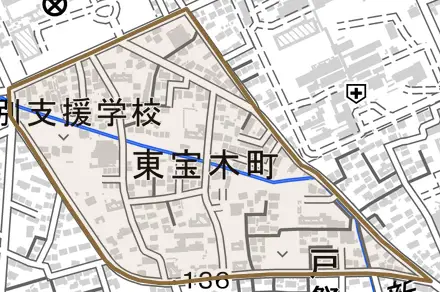 東宝木町とその周辺の地図。町の範囲を重ねている
