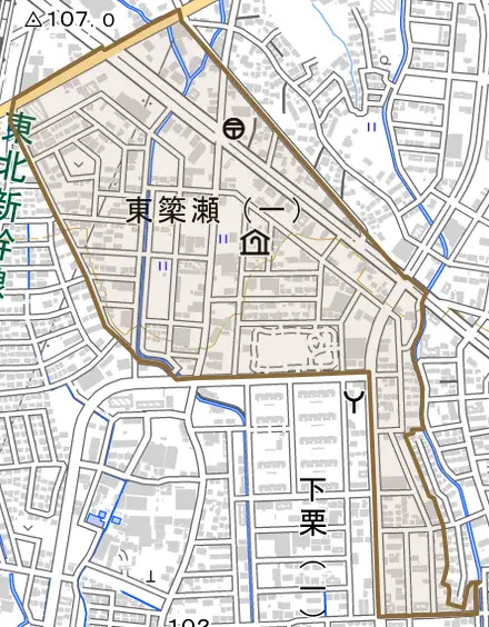 東簗瀬とその周辺の地図。町の範囲を重ねている