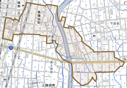 東横田町とその周辺の地図。町の範囲を重ねている