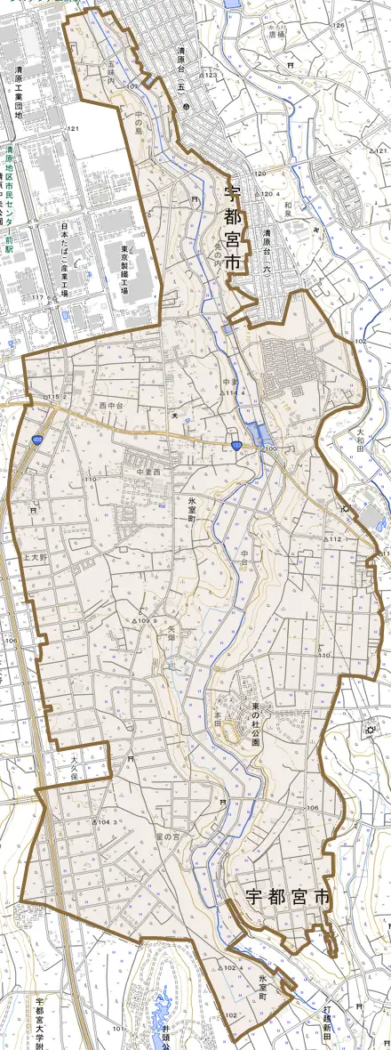 氷室町とその周辺の地図。町の範囲を重ねている