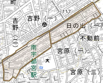 日の出とその周辺の地図。町の範囲を重ねている