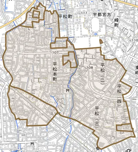 平松本町とその周辺の地図。町の範囲を重ねている