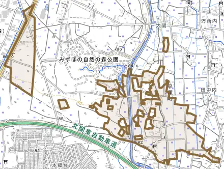 平塚町とその周辺の地図。町の範囲を重ねている