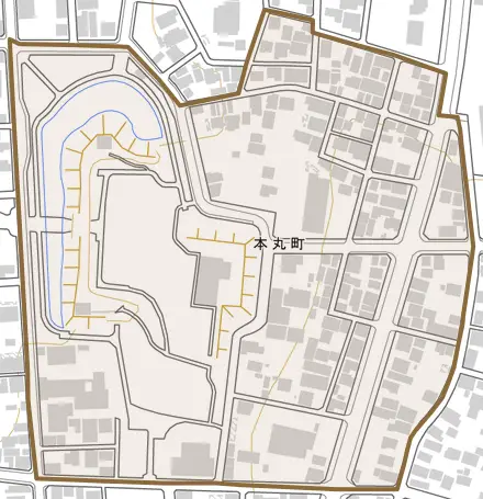 本丸町とその周辺の地図。町の範囲を重ねている