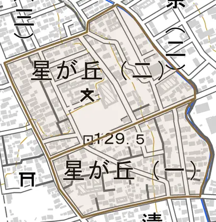 星が丘とその周辺の地図。町の範囲を重ねている
