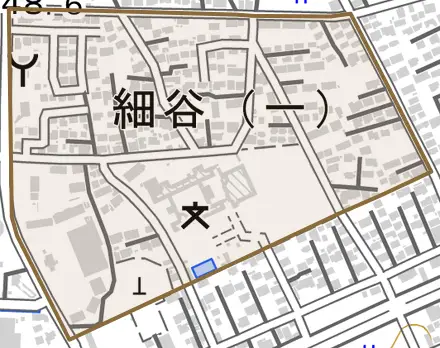 細谷とその周辺の地図。町の範囲を重ねている