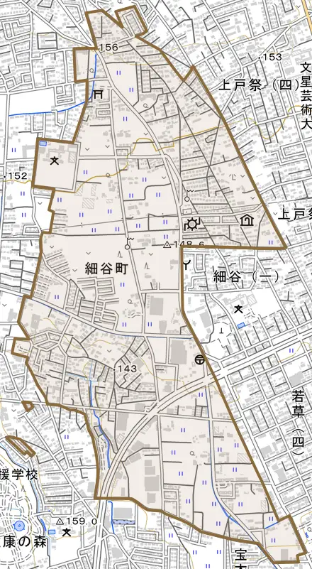細谷町とその周辺の地図。町の範囲を重ねている