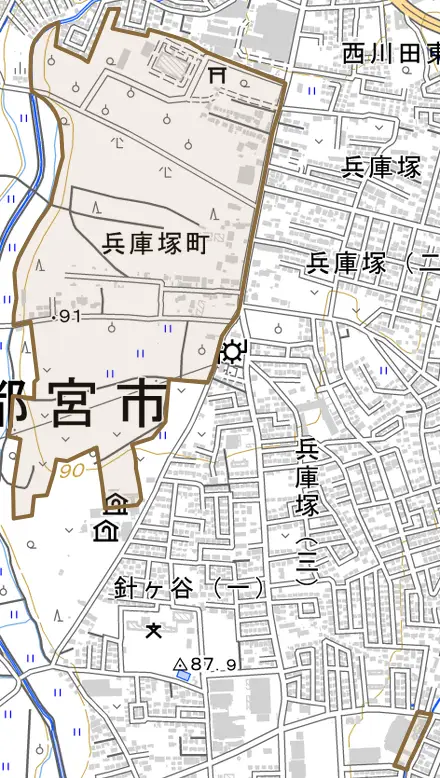 兵庫塚町とその周辺の地図。町の範囲を重ねている