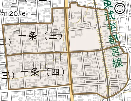 一条とその周辺の地図。町の範囲を重ねている