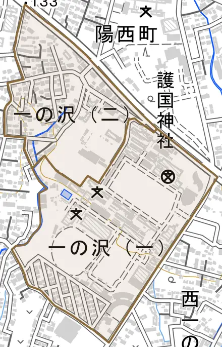 一の沢とその周辺の地図。町の範囲を重ねている