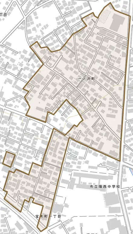一ノ沢町とその周辺の地図。町の範囲を重ねている